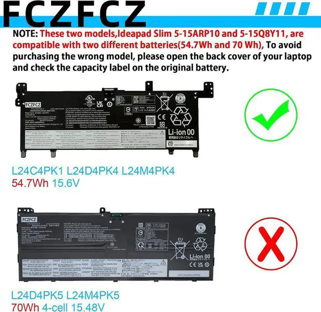 Alt view image 3 of 7 - L24C4PK1 Battery 54.7Wh 3440mAh SB11Q02028 5B11Q01968 15.6V 4-Cell | Replacement for Lenovo IdeaPad Slim 5-13ARP10 5-13IWC11 5-13Q8Y1 5-15ARP10 5-15IWC11 5-15Q8Y11 Series L24D4PK4 L24M4PK4