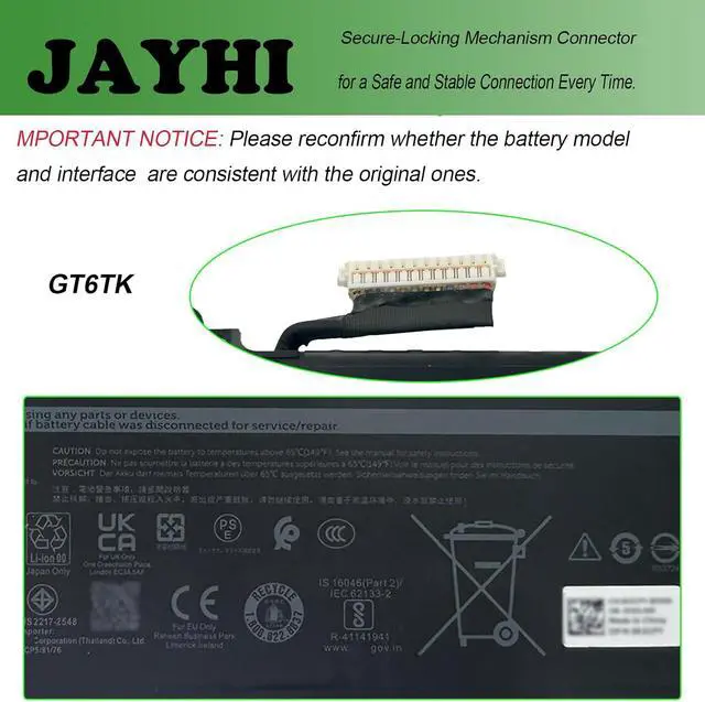 Alt view image 4 of 7 - JAYHI GT6TK 60Wh 5065mAh Laptop Battery K2CPY 31CP5/81/75 11.55V 3-Cell | Compatible with Dell Latitude 9440 2-in-1 Dell Latitude 9450 2-in-1 Series