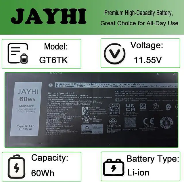 Alt view image 3 of 7 - JAYHI GT6TK 60Wh 5065mAh Laptop Battery K2CPY 31CP5/81/75 11.55V 3-Cell | Compatible with Dell Latitude 9440 2-in-1 Dell Latitude 9450 2-in-1 Series