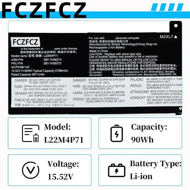 Alt view image 3 of 6 - L22M4P71 Battery 90Wh 5799mAh 5B11H56373 5B11M90092 15.52V 4-Cell | Replacement for Lenovo ThinkPad P16v Gen 1 21FC 21FD 21FE 21FF series L22C4P71 SB11H56275 5B11H56374