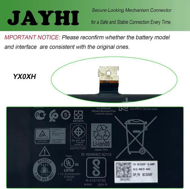 Alt view image 4 of 7 - JAYHI YX0XH 34Wh Laptop Battery N21969-005 N2095-AC1 HSTNN-0B3E TPN-DB1N | Compatible with Dell Latitude 7285 2-in-1 Series YXOXH WYCVV C668F 0C668F OWYCVV 0WYCVV 7.6V 15-FC 15-FD Series 7.6V