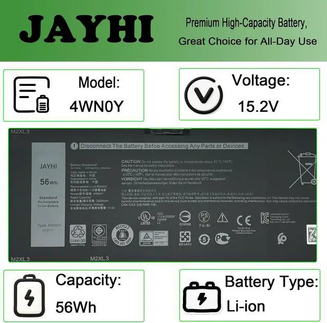 Alt view image 3 of 6 - JAYHI 4WN0Y 56Wh 3500mAh Laptop Battery 4WNOY JYFV9 M245Y 33YDH 15.2V | Compatible with Dell Inspiron 13 7353 / 15 7577 / 17 7778 7779 Series 4-Cell