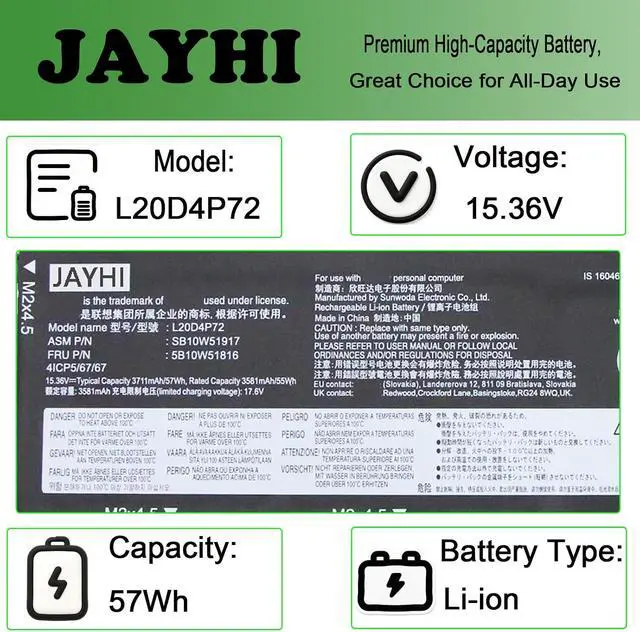 Alt view image 3 of 6 - JAYHI L20D4P72 57Wh Laptop Battery L20L4P72 L20M4P72 L20C4P72 15.36V | Compatible with Lenovo ThinkPad T14s Gen 2 20WM 20WN 20XF 20XG Series 6-Cell