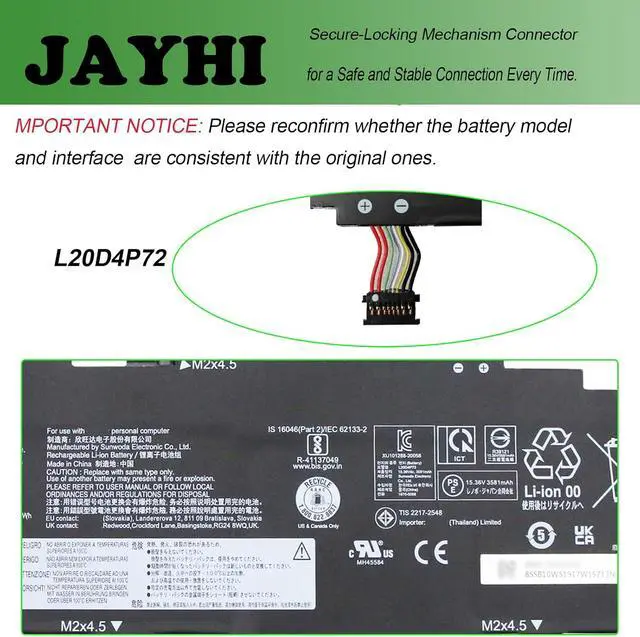 Alt view image 4 of 6 - JAYHI L20D4P72 57Wh Laptop Battery L20L4P72 L20M4P72 L20C4P72 15.36V | Compatible with Lenovo ThinkPad T14s Gen 2 20WM 20WN 20XF 20XG Series 6-Cell