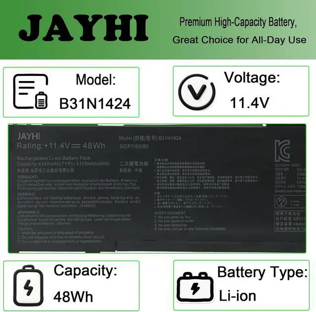 Alt view image 3 of 6 - JAYHI B31N1424 48Wh 4240mAh Laptop Battery 11.4V 3-Cell | Compatible with Asus U4000 K401LB5010 K401LB5200 K401LB5500 A400U A401L K401L K401LB K401U K401UB V405L Series