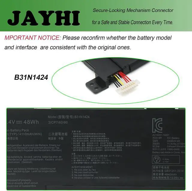 Alt view image 4 of 6 - JAYHI B31N1424 48Wh 4240mAh Laptop Battery 11.4V 3-Cell | Compatible with Asus U4000 K401LB5010 K401LB5200 K401LB5500 A400U A401L K401L K401LB K401U K401UB V405L Series