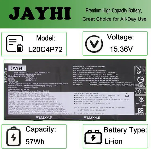 Alt view image 3 of 5 - JAYHI L20C4P72 57Wh Laptop Battery L20D4P72 L20L4P72 L20M4P72 15.36V | Compatible with Lenovo ThinkPad T14s Gen 2 20WM 20WN 20XF 20XG Series 5-Cell