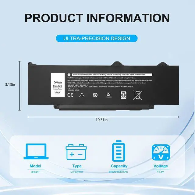 Alt view image 2 of 5 - DR02P R73TC 54Wh 3-Cell Laptop Battery for Dell Latitude 3340 3440 3450 3540 3550 5340 5350 5440 5450 5540 5550 7455 Precision 3480 3490 3580 3590 P127F P169G P181G 2X1V9 803W6 GRWKG