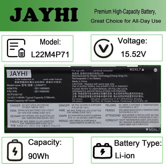 Alt view image 3 of 6 - JAYHI L22M4P71 90Wh 5799mAh Laptop Battery 5B11H56373 L22C4P71 15.52V