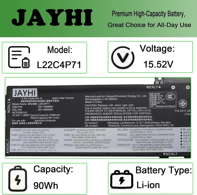 Alt view image 3 of 6 - JAYHI L22C4P71 90Wh 5799mAh Laptop Battery SB11H56275 L22M4P7115.52V