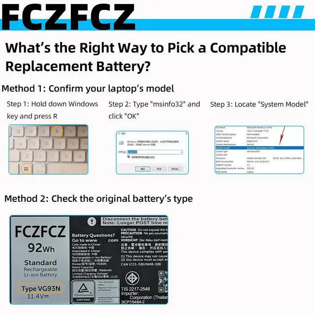 Alt view image 2 of 6 - VG93N Battery 92Wh WFWKK 0WFWKK 0VG93N 3ICP7/54/64-2 11.4V 6-Cell | Replacement for Dell Latitude 15 5580 5590 5591 E5580 E5590 E5591 / Precision 15 3520 3530 M3520 M3530 Series 7666mAh