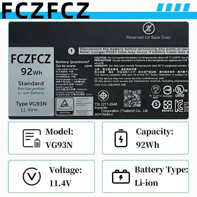 Alt view image 3 of 6 - VG93N Battery 92Wh WFWKK 0WFWKK 0VG93N 3ICP7/54/64-2 11.4V 6-Cell | Replacement for Dell Latitude 15 5580 5590 5591 E5580 E5590 E5591 / Precision 15 3520 3530 M3520 M3530 Series 7666mAh