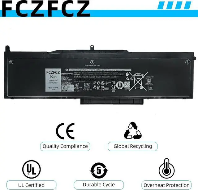 Alt view image 5 of 6 - VG93N Battery 92Wh WFWKK 0WFWKK 0VG93N 3ICP7/54/64-2 11.4V 6-Cell | Replacement for Dell Latitude 15 5580 5590 5591 E5580 E5590 E5591 / Precision 15 3520 3530 M3520 M3530 Series 7666mAh