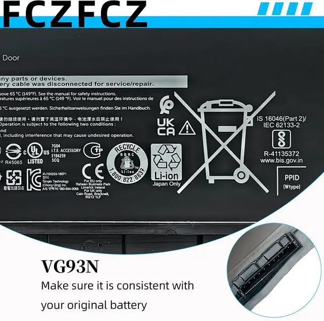 Alt view image 4 of 6 - VG93N Battery 92Wh WFWKK 0WFWKK 0VG93N 3ICP7/54/64-2 11.4V 6-Cell | Replacement for Dell Latitude 15 5580 5590 5591 E5580 E5590 E5591 / Precision 15 3520 3530 M3520 M3530 Series 7666mAh