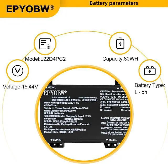 Alt view image 4 of 7 - L22D4PC2 Laptop Battery 80Wh Compatible with Lenovo Legion Slim 5-16APH8 5-16IRH8 5-16AHP9 5-16ARP9 / LOQ 16APH8 / LOQ 16IRH8 Series L22B4PC2 L22M4PC2 L22C4PC2 SB11K38742