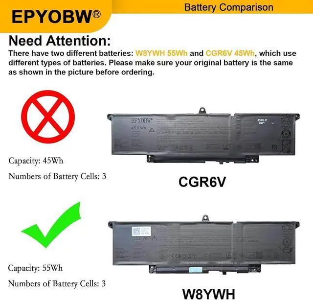 Alt view image 3 of 7 - W8YWH Laptop Battery 55Wh 4700mAh Compatible with Dell Pro 13 Plus PB13250 PB13255 / 14 PC14250 / 16 PC16250 / 14 Plus PB14250 Series 0RF5VP 0Y31V7 RF5VP Y31V7