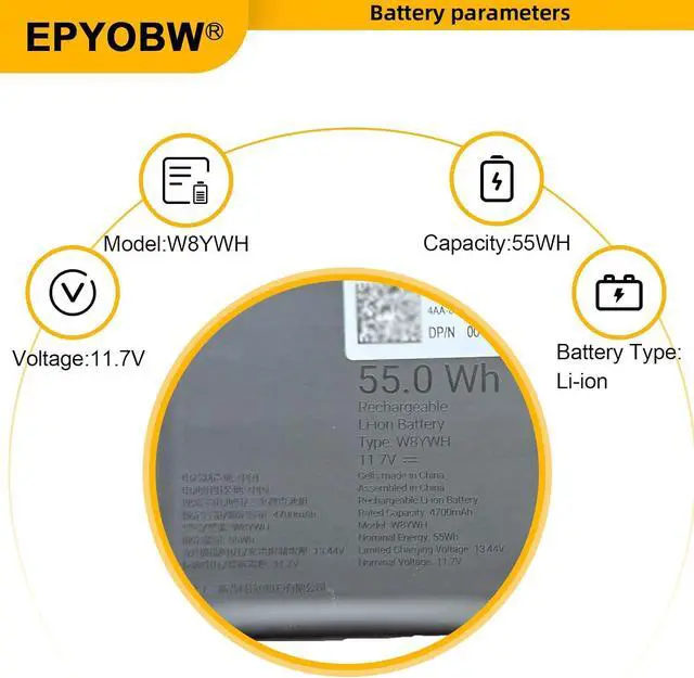 Alt view image 4 of 7 - W8YWH Laptop Battery 55Wh 4700mAh Compatible with Dell Pro 13 Plus PB13250 PB13255 / 14 PC14250 / 16 PC16250 / 14 Plus PB14250 Series 0RF5VP 0Y31V7 RF5VP Y31V7