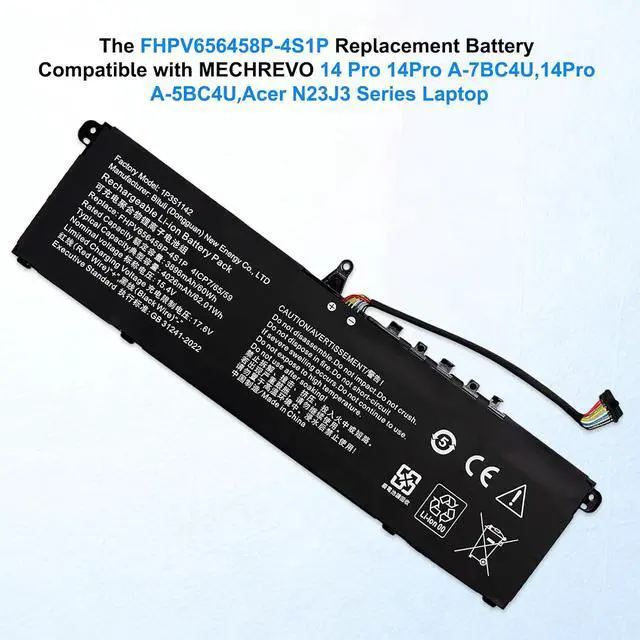 Alt view image 2 of 5 - FHPV656458P-4S1P Replacment Battery Compatible with MECHREVO 14 Pro A-5BC4U A-7BC4U Acer N23J3 62.01Wh 15.4V Laptop Battery