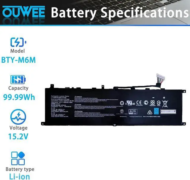Alt view image 2 of 5 - 99.99Wh BTY-M6M Laptop Battery Replacement for MSI GS66 Stealth 10SE 10SF 11UE 11UH for GE66 Raider 10UG 11UG for GE76 Raider 11UE 11UG for GE76 Dragon Tiamat 11UH for WS66 10TM 11UMT for Creator 15
