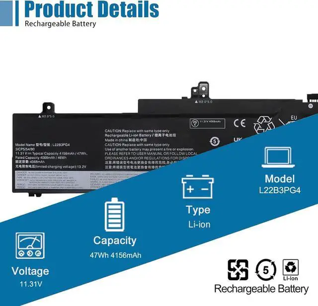 Alt view image 2 of 6 - L22B3PG4 Laptop Battery Replacement for Lenovo ThinkPad E14 Gen 5 2023 Gen 6 2024 E16 Gen 1 2023 Gen 2 2024 Series SB11K63026 5B11K63022 SB11N46023 11.31V 47Wh 4156mAh