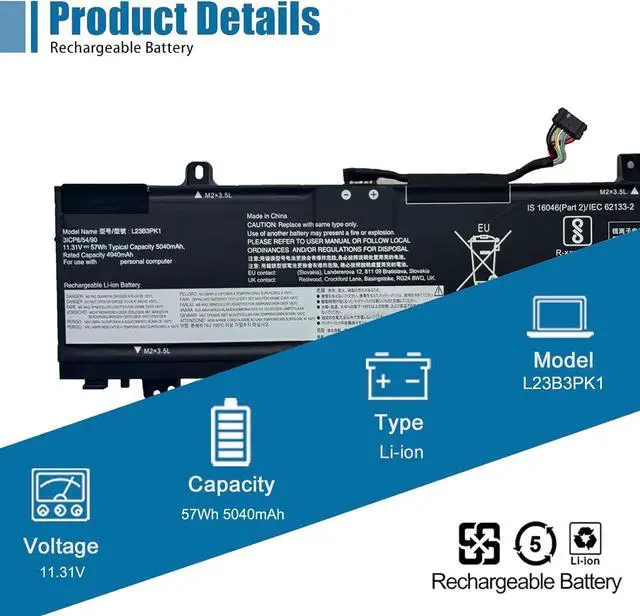 Alt view image 2 of 6 - L23B3PK1 Laptop Battery Replacement for Lenovo IdeaPad Slim 5-14AHP9 5-14Q8X9 5-14IMH9 5-14IRU9 5-15IRU9 5-15IRH9 5-15IRH9R 5-16AHP9 5-16IMH9 5-16IRU9 Series 5B11M51944 11.31V 57Wh 5040mAh