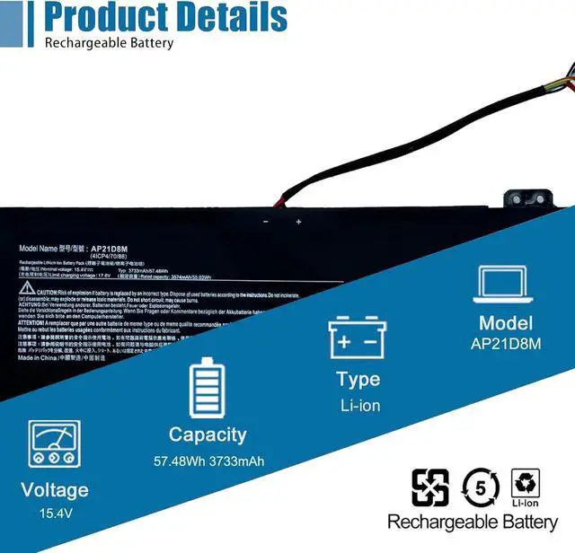 Alt view image 2 of 6 - AP21D8M Laptop Battery Replacement for Acer Nitro V 15 ANV15-51 Nitro 5 AN515-46 AN515-47 AN515-58 Nitro 16 AN16-51 AN515-58-56CL AN16-51-74BV Series 15.4V 3733mAh 57.48Wh
