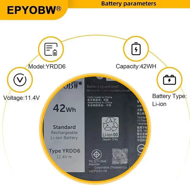 Alt view image 3 of 6 - YRDD6 Laptop Battery 42Wh 0YRDD6 1VX1H VM732 | Compatible with Dell Latitude 3310 2-in-1 / Inspiron 5481 5482 5591 2-in-1 / 3493 3582 3793 5480 5584 7586 / Vostro 3491 5481