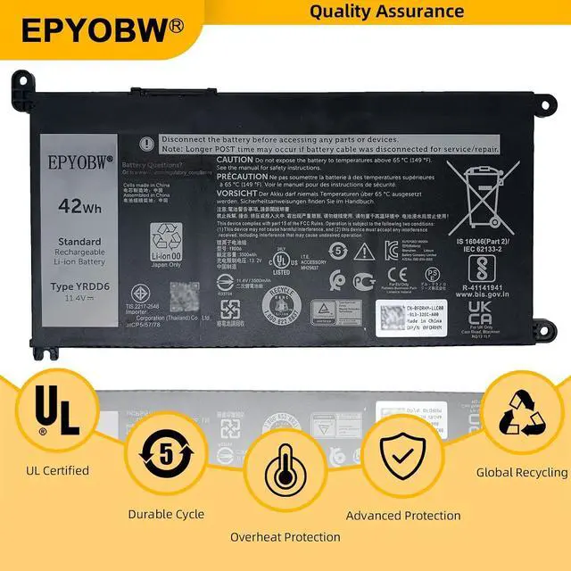 Alt view image 5 of 6 - YRDD6 Laptop Battery 42Wh 0YRDD6 1VX1H VM732 | Compatible with Dell Latitude 3310 2-in-1 / Inspiron 5481 5482 5591 2-in-1 / 3493 3582 3793 5480 5584 7586 / Vostro 3491 5481