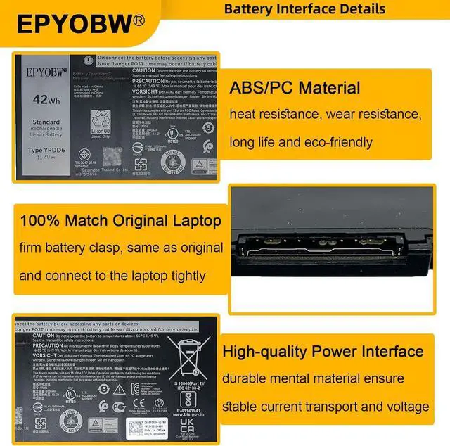 Alt view image 4 of 6 - YRDD6 Laptop Battery 42Wh 0YRDD6 1VX1H VM732 | Compatible with Dell Latitude 3310 2-in-1 / Inspiron 5481 5482 5591 2-in-1 / 3493 3582 3793 5480 5584 7586 / Vostro 3491 5481