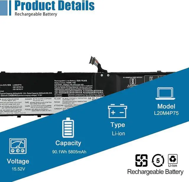 Alt view image 2 of 6 - L20M4P75 Laptop Battery Replacement for Lenovo ThinkPad P1 Gen 4 20Y3 20Y4 P1 Gen 5 ThinkPad X1 Extreme 4th Gen 20Y5 X1 Extreme Gen 5 SB11B79215 5B11B79217 Series 15.52V 90.1Wh 5805mAh