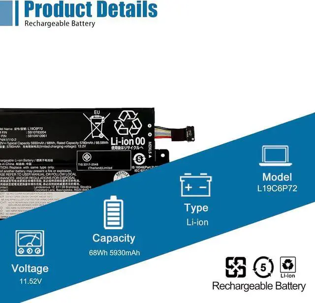 Alt view image 2 of 6 - L19C6P72 Laptop Battery Replacement for Lenovo ThinkPad T15p gen1 gen2 gen3 / ThinkPad P15V gen1 gen2 gen3 Series L19L6P72 5B10W13961 5B11M90089 5B10W13960 11.52V 68Wh 5930mAh