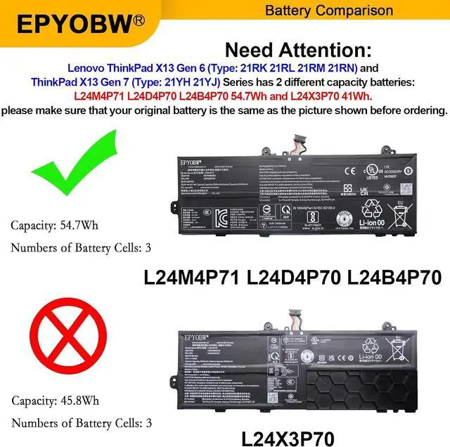 Alt view image 3 of 7 - L24B4P70 Laptop Battery 54.7Wh Compatible with Lenovo ThinkPad X13 Gen 6 / 13w 2-in-1 Gen 3 Series SB11M89923 5B11M90122 L24D4P70 SB11M89925 5B11M90124 L24M4P71 SB11M89924 5B11M90123
