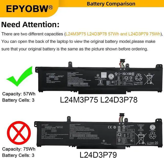 Alt view image 3 of 6 - L24M3P75 Laptop Battery 57Wh 5040mAh 11.31V 3-Cell Compatible with Lenovo ThinkPad P14s Gen 6 / ThinkPad P16s Gen 4 Series SB11M89919 5B11M90118 L24D3P78 SB11M89920 5B11M90119