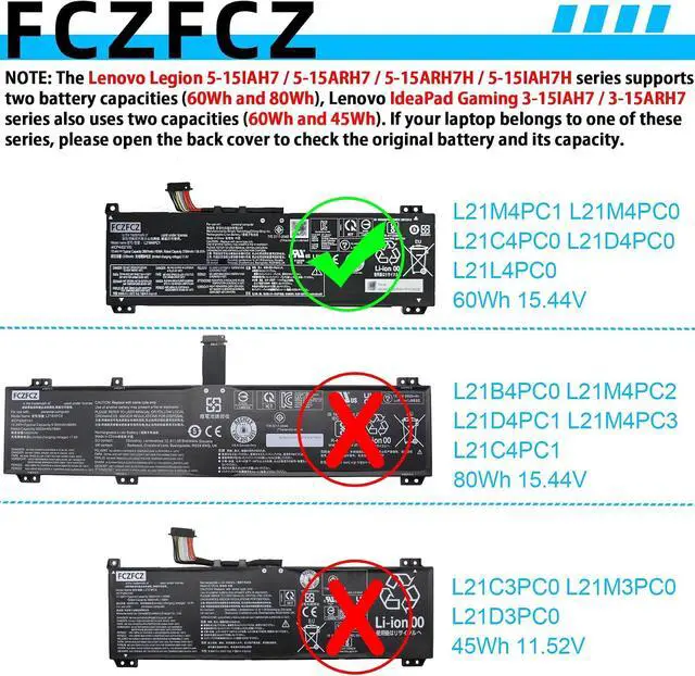 Alt view image 3 of 6 - L21M4PC1 Battery 60Wh Replacement for Lenovo Legion 5-15IAH7 5-15ARH7 5-15ARH7H 5-15IAH7H 5-15ARP8 5-15APH9 / IdeaPad Gaming 3-15IAH7 Series L21C4PC0 L21D4PC0 L21M4PC0 L21L4PC0 15.44V 4-Cell