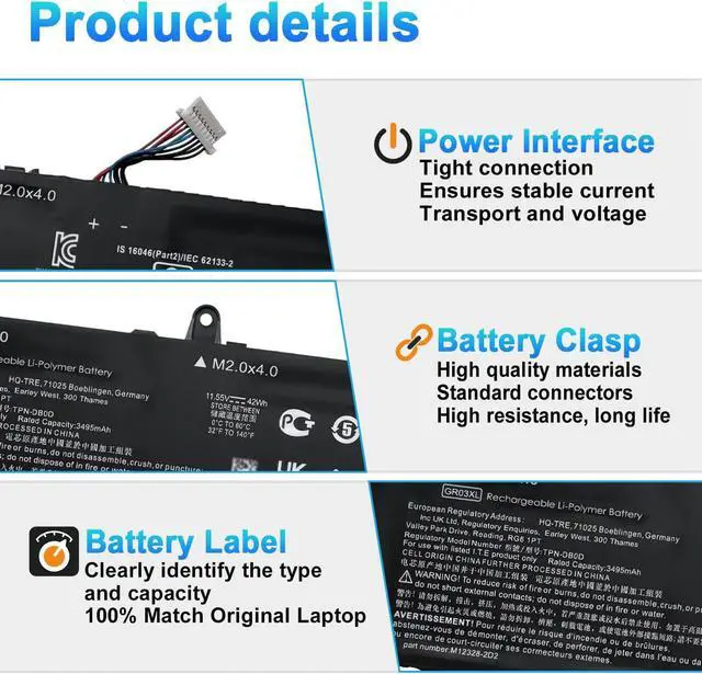 Alt view image 3 of 7 - GR03XL Battery Replacement for HP ProBook 635 Aero G7 G8 2N2T0UT 2N2T4UT 2W8S7EA 306A9EA 309W0PA Series TPN-DB0D M12328-2C1 M12328-2C2 M12451-005 11.55V 42Wh