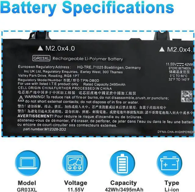 Alt view image 2 of 7 - GR03XL Battery Replacement for HP ProBook 635 Aero G7 G8 2N2T0UT 2N2T4UT 2W8S7EA 306A9EA 309W0PA Series TPN-DB0D M12328-2C1 M12328-2C2 M12451-005 11.55V 42Wh