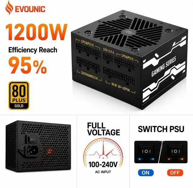 Alt view image 2 of 7 - 1200W Gaming Power Supply,Fully Modular 80 Plus® Gold Certification, ATX 3.1 PSU, Support for PCIe 5.1 GPUs, semi-Passive 120mm Fan, LLC Technology, Single Rail, for Overclocked GPUs