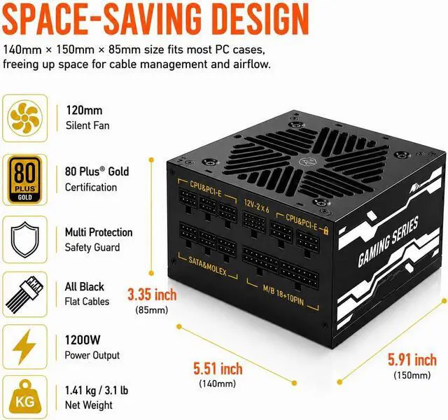 Alt view image 5 of 7 - 1200W Gaming Power Supply,Fully Modular 80 Plus® Gold Certification, ATX 3.1 PSU, Support for PCIe 5.1 GPUs, semi-Passive 120mm Fan, LLC Technology, Single Rail, for Overclocked GPUs