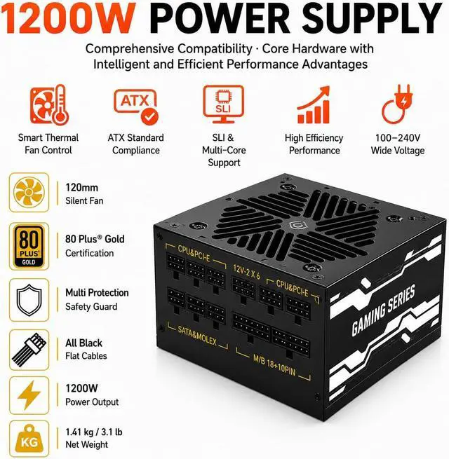 Alt view image 4 of 7 - 1200W Gaming Power Supply,Fully Modular 80 Plus® Gold Certification, ATX 3.1 PSU, Support for PCIe 5.1 GPUs, semi-Passive 120mm Fan, LLC Technology, Single Rail, for Overclocked GPUs