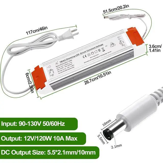 Alt view image 2 of 7 - 120W Dimmable LED Driver AIBOO Transformer 120V AC to 12V DC Power Supply with Removable AC Cord Compatible with Dimmer Switch for LED Strip Lights LED Module LED Neon Sign