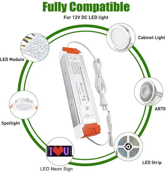 Alt view image 7 of 7 - 120W Dimmable LED Driver AIBOO Transformer 120V AC to 12V DC Power Supply with Removable AC Cord Compatible with Dimmer Switch for LED Strip Lights LED Module LED Neon Sign