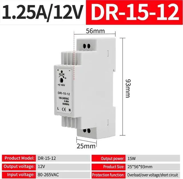 Alt view image 2 of 5 - Industrial DIN -Rail Switching Power Supply DR-15 Overload Protection Single Output 15W 5V 12V 24V 3A 1.25A(DR-15-12)