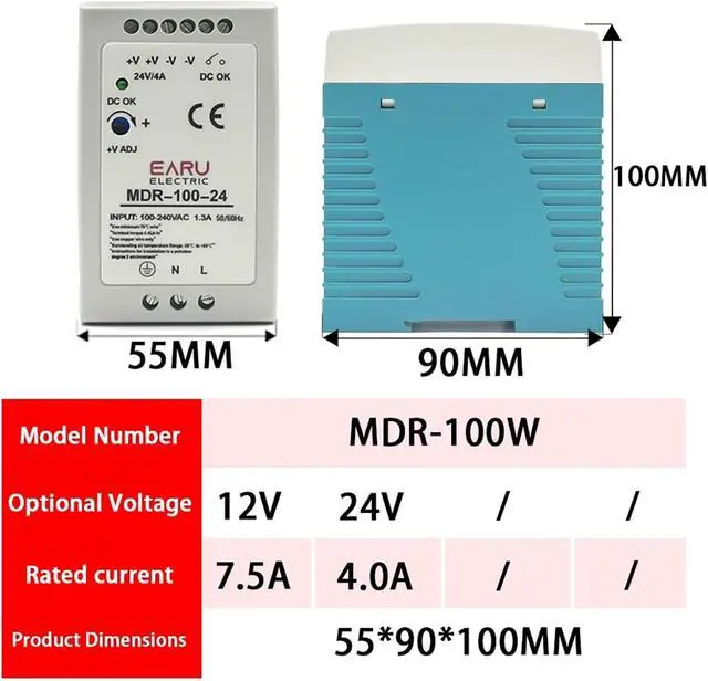 Alt view image 4 of 6 - AC100-240V Input Mini Din Rail Switch Power Supply Voltage MDR-10W 20W 40W 60W 100W DC 5V 12V 15V 24V 36V 48V Output(5V,MDR-60)