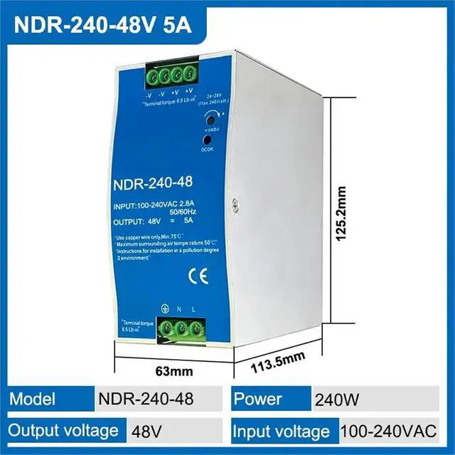Alt view image 3 of 4 - 240W 24V 48V Industrial DIN Rail Type Single Group Output 240VAC Switching Power Supply(48V)