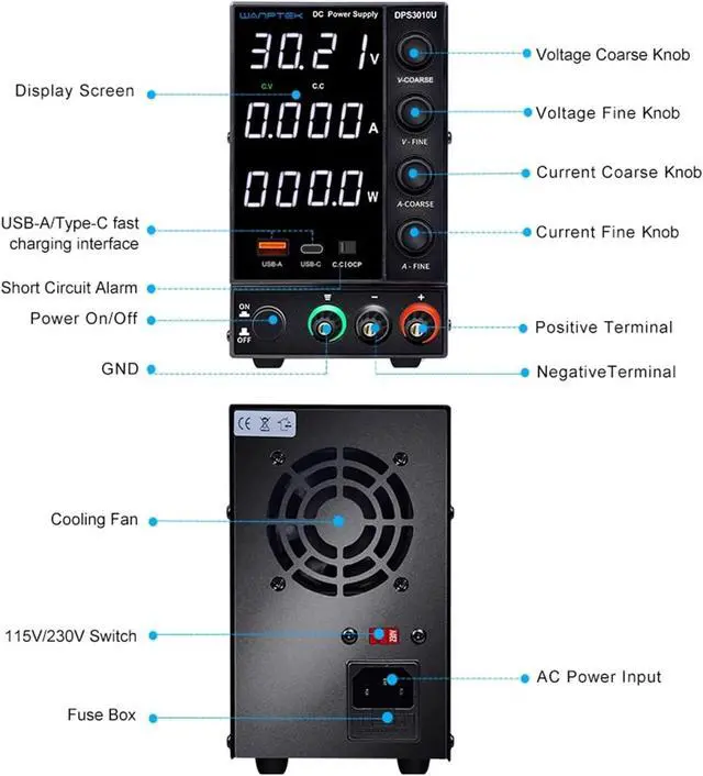 Alt view image 6 of 7 - 1PCS Adjustable Power Supply 30V 10A 60V 5A with USB & Type C Regulated Switching Lab Bench Power Supply(DPS605U 60V 5A)
