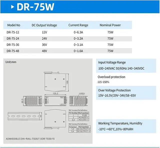 Alt view image 2 of 4 - Din-Rail Switching Power Supply Output 12V 24V 36V 48V Power 75W/100W/120W/240W/480W(DR-75,24V)