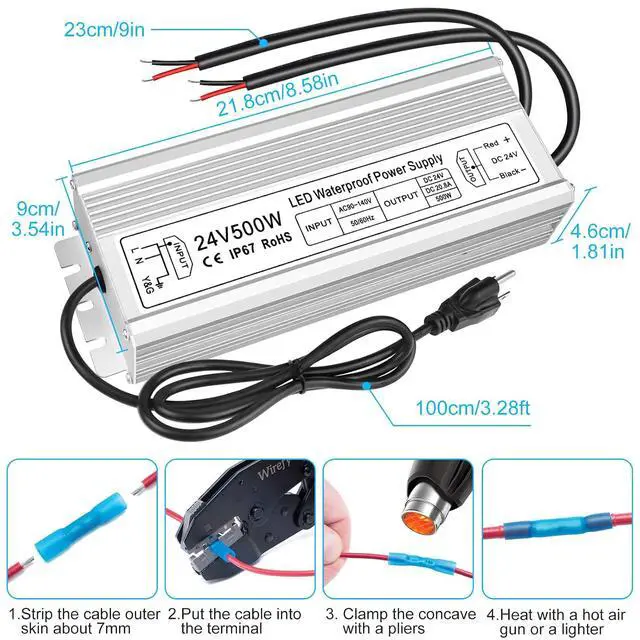 Alt view image 2 of 7 - inShareplus 24V 500W LED Power Supply, IP67 Rainproof Waterproof Outdoor Driver,AC 90-140V to DC 24V Low Voltage Transformer, Adapter Converter for LED Light, Computer Project, Outdoor Use
