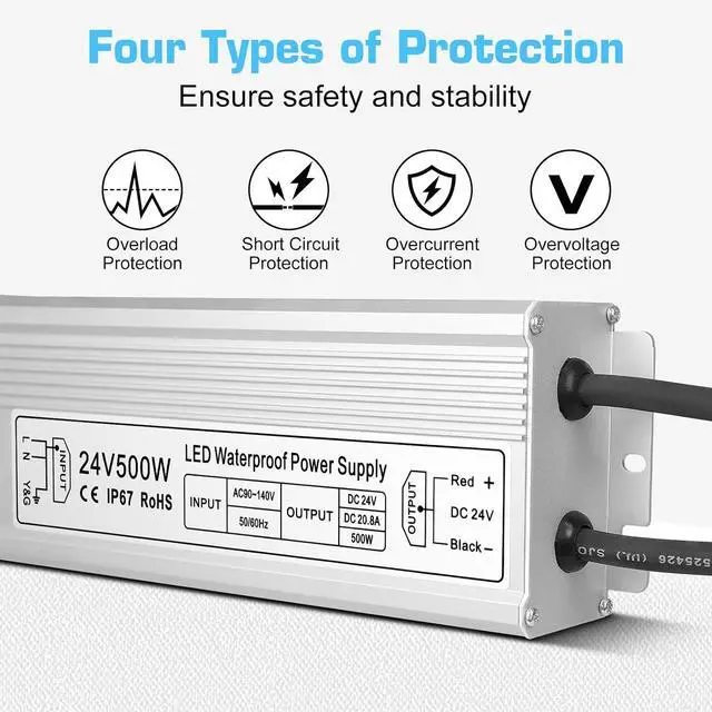 Alt view image 3 of 7 - inShareplus 24V 500W LED Power Supply, IP67 Rainproof Waterproof Outdoor Driver,AC 90-140V to DC 24V Low Voltage Transformer, Adapter Converter for LED Light, Computer Project, Outdoor Use