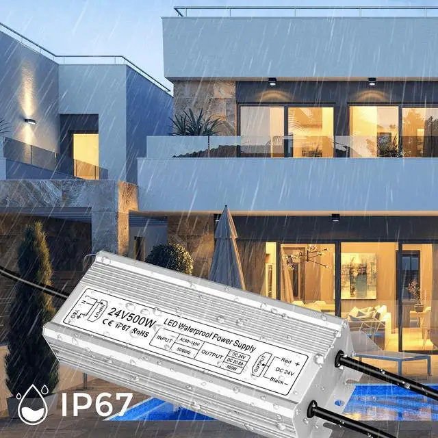 Alt view image 4 of 7 - inShareplus 24V 500W LED Power Supply, IP67 Rainproof Waterproof Outdoor Driver,AC 90-140V to DC 24V Low Voltage Transformer, Adapter Converter for LED Light, Computer Project, Outdoor Use