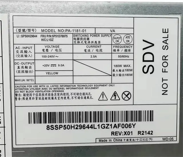 Alt view image 3 of 5 - for M90a Gen3 M70a Gen3 M90a Gen5 Power Supply 180W PA-1181-01 SP50H29644 FRU 5P51D76975